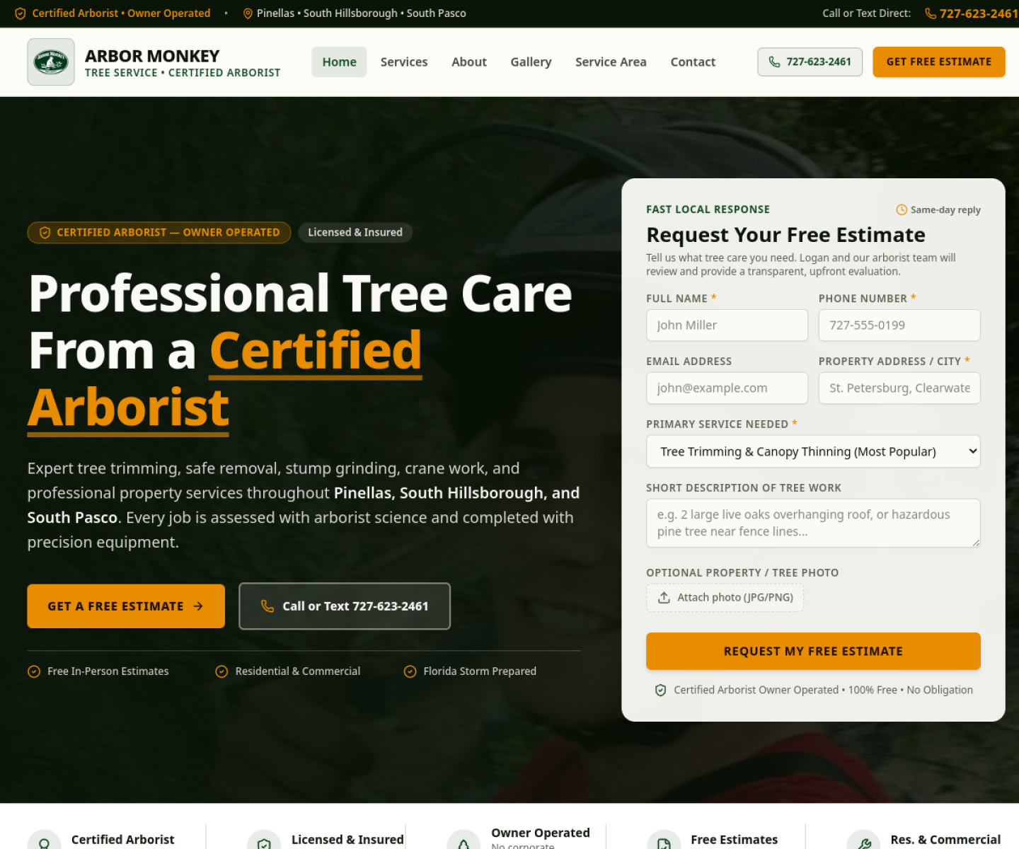 Actual Arbor Monkey homepage preview showing navigation, certified arborist headline, and estimate form