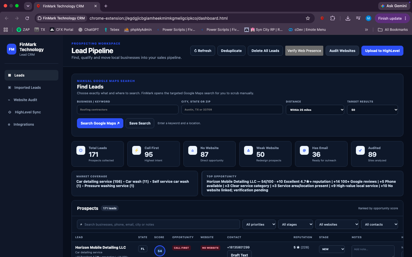 FinMark Lead CRM dashboard with lead search, pipeline summary, and website audit controls