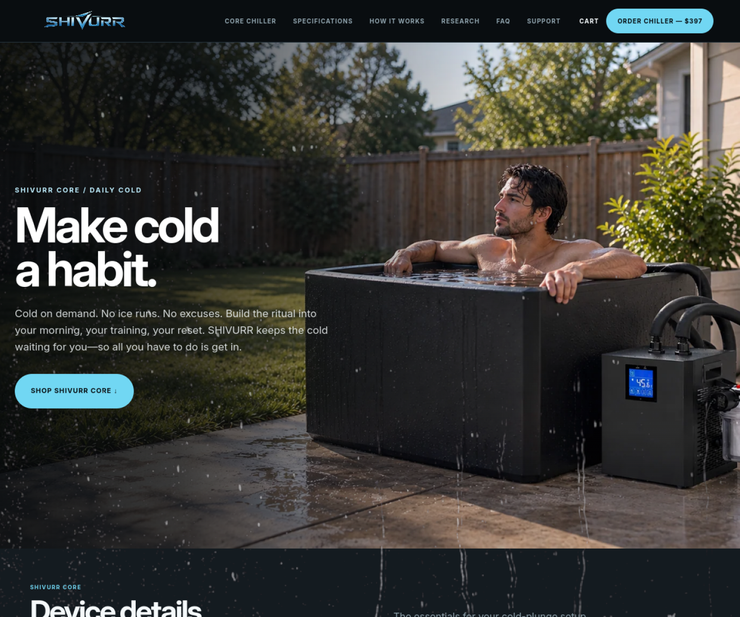 Actual SHIVURR homepage preview showing brand navigation and the cold-plunge storefront